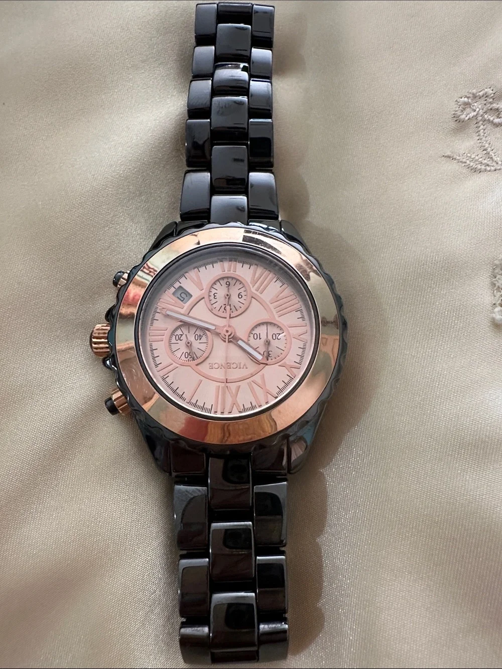 Black Ceramic Bracelet Watch with Pink Dial